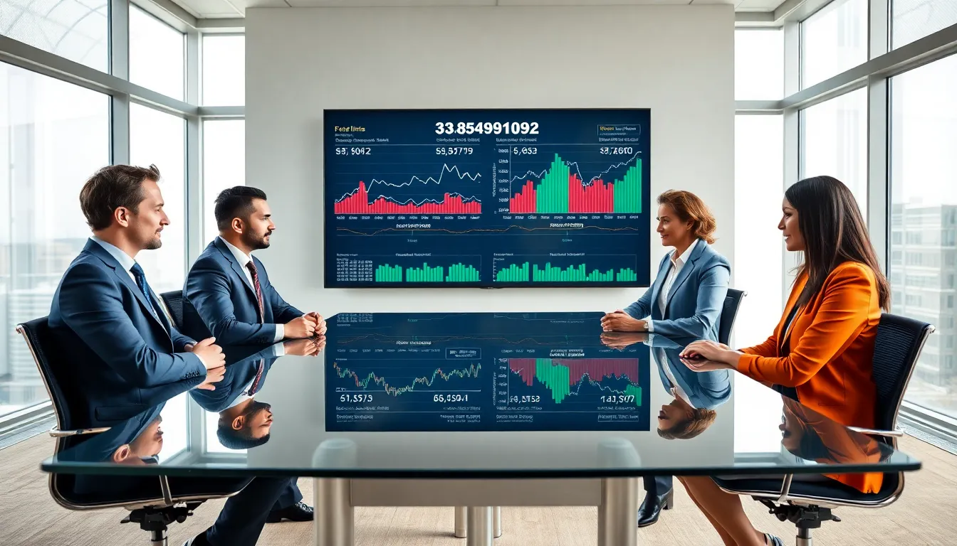 diverse team in a conference room discussing financial trends.